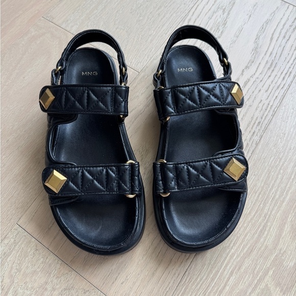 Mango Shoes - MNG Black Strappy Sandals Hook & Loop Padded Quilted Studded Women's 7.5